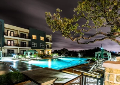 geometric resort style pool at night