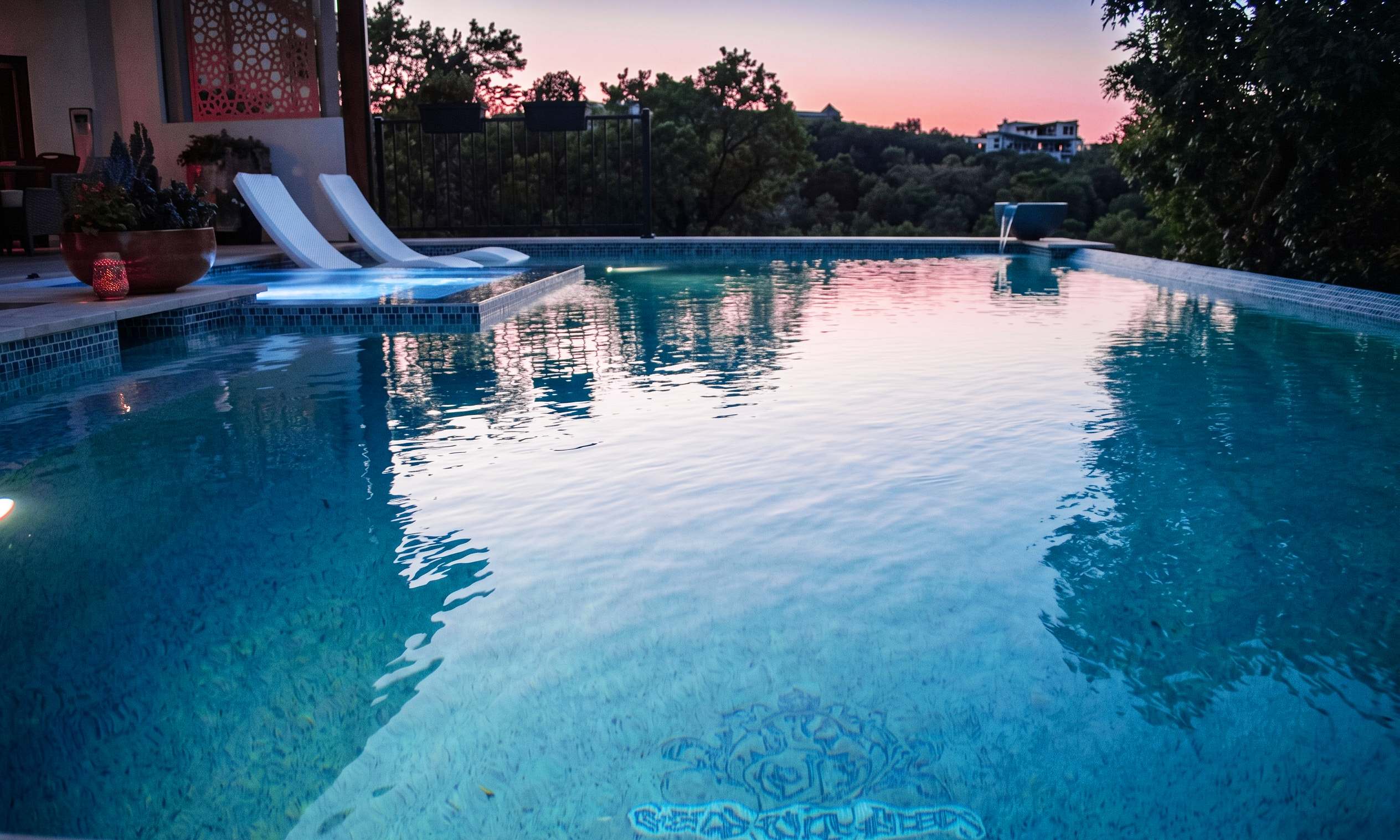 Twilight a lit pool at night